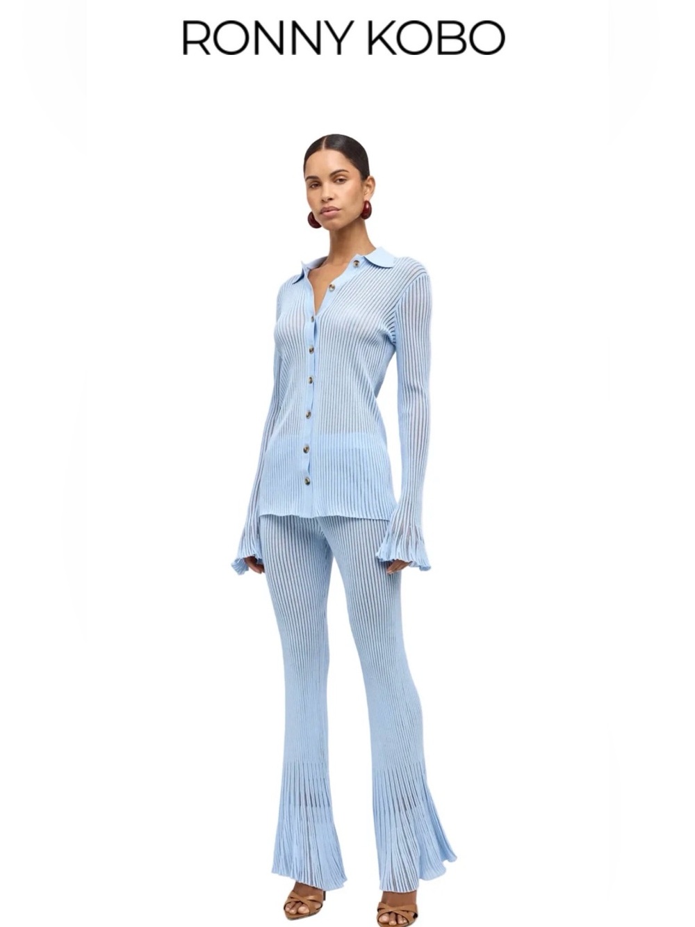Ronny Kobo Collection Light Blue Ribbed Knit Flare Pants Set
